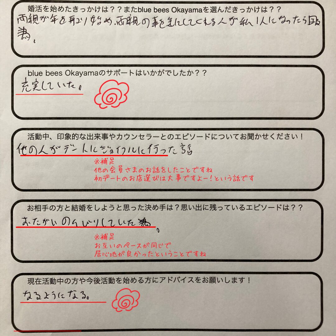 岡山 結婚相談所 成婚アンケート 40代男性会員様