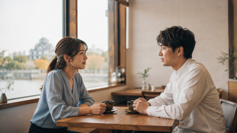 真剣交際中の嫉妬や不安について、カフェで穏やかに話し合う男女