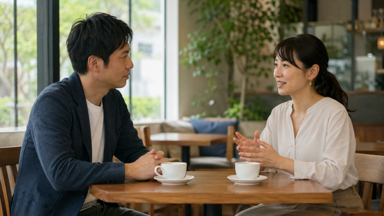 明るいカフェで向かい合い、コーヒーを飲みながら会話する男女