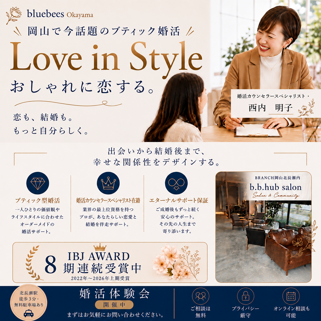 岡山市・倉敷市で開催するblue bees婚活体験会・婚活カウンセラースペシャリスト西内明子