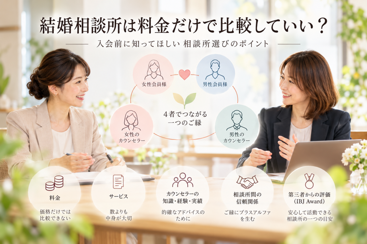 結婚相談所選びで大切な料金・サービス・カウンセラーの知識や経験・相談所間の信頼関係・第三者評価を表したイメージ