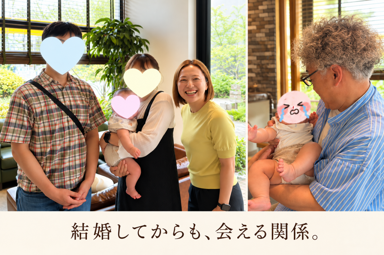 b.b.hubを訪れた成婚退会者のご家族とカウンセラーの記念写真、赤ちゃんを抱っこするカウンセラーの夫