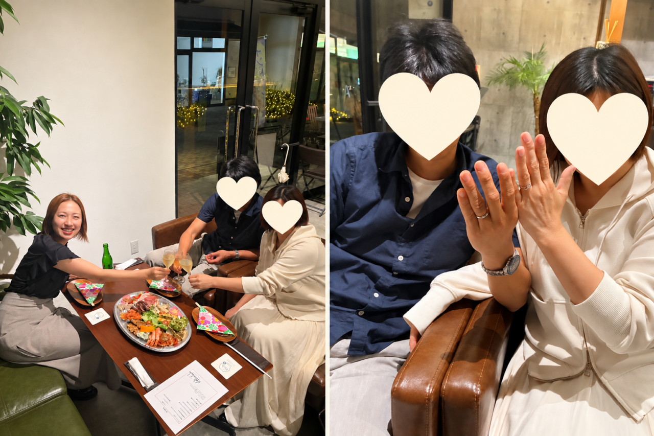 成婚退会したご夫婦がb.b.hubを訪れ、カウンセラーと乾杯する様子と、受け取った結婚指輪を披露する写真